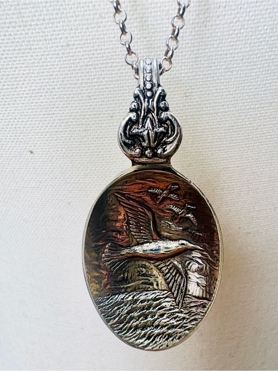 Jewelry - Handcrafted Spoon Pendant Necklace Sterling Silver Chain Seagull Motif